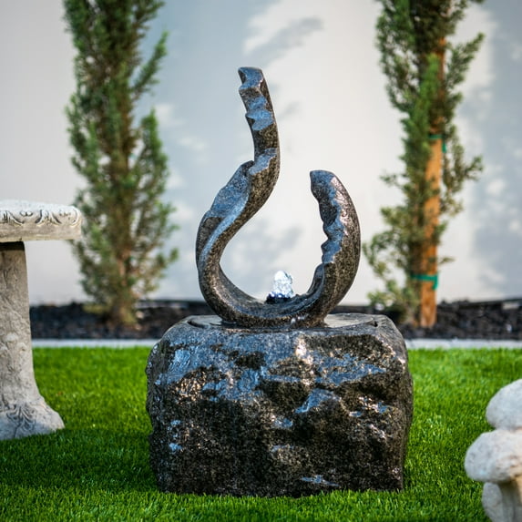 XBrand 25 in H Stone-look Sculptural Modern Freestanding Fiber Resin Outdoor Garden Fountain w/ LED Light, Black