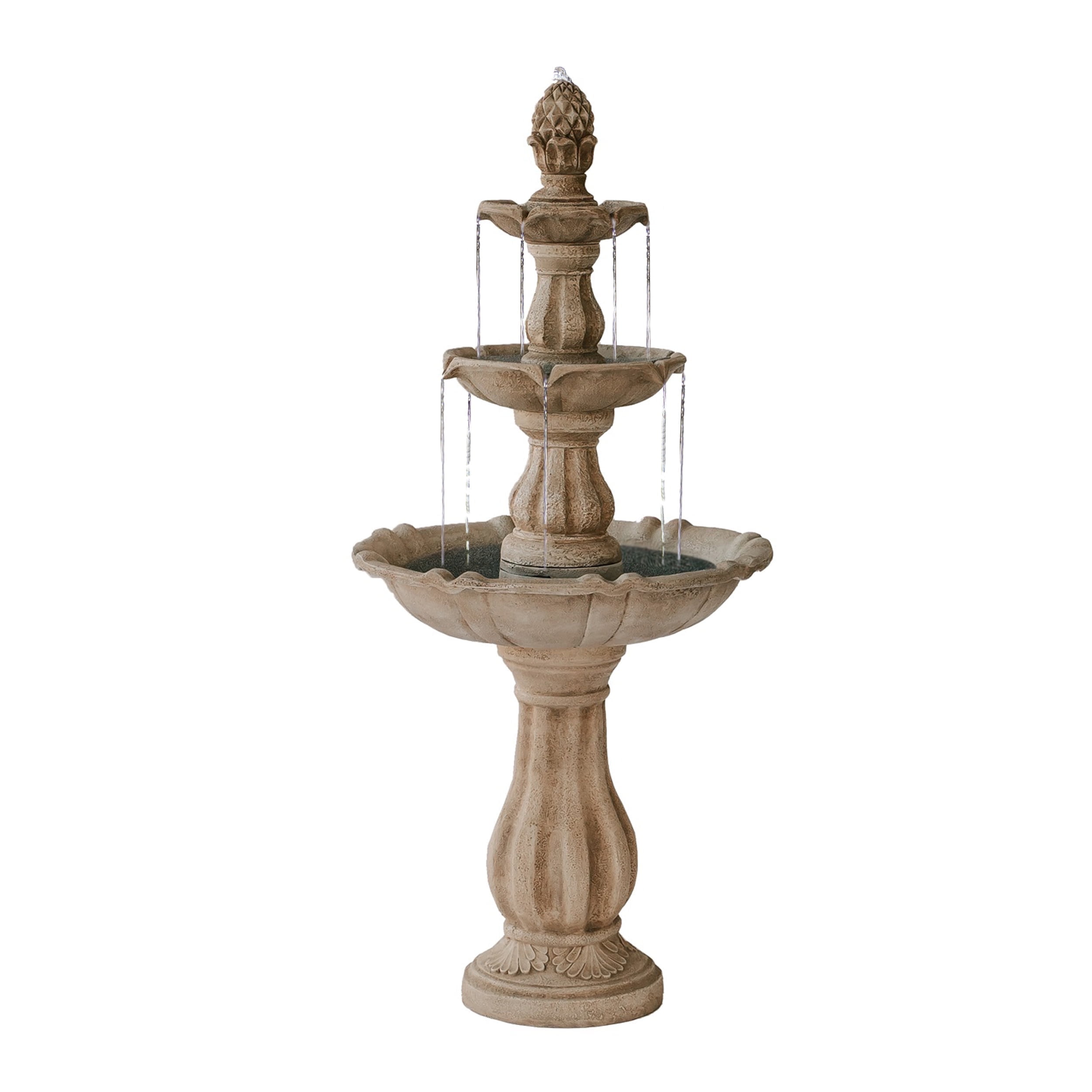 XBrand 3-Tier Water Fountain w/Pump & Pineapple Top, 51 Inch Tall, Beige, Large Outdoor Freestanding Waterfall Decor for Porch, Lawn and Garden
