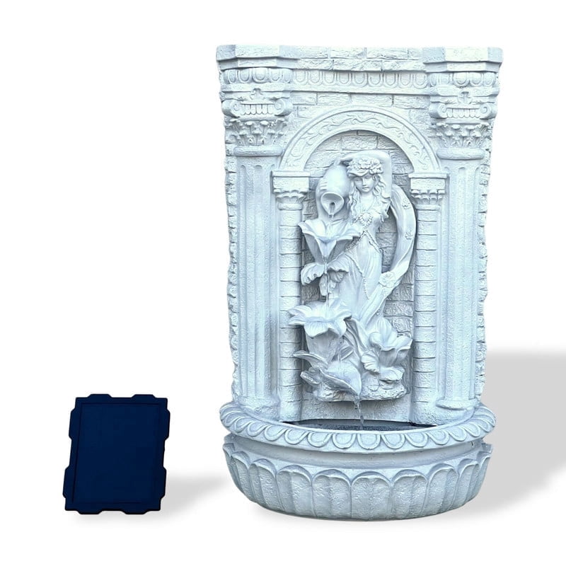 XBrand 30.3" Solar-Powered Outdoor Wall Fountain with Flower Maiden Statue, Antique Stone Waterfall Design for Garden, Yard Décor & Bird Bath, Polyresin
