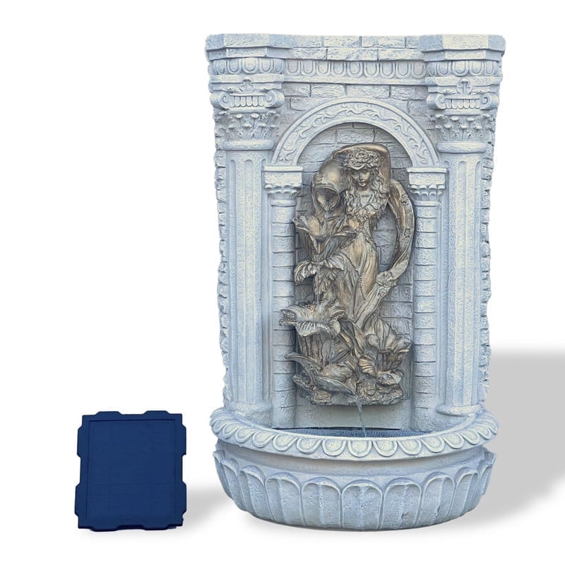 XBrand 30.3" Solar-Powered Wall Fountain with Gold Flower Maiden Statue, Antique Stone Waterfall Design for Garden, Yard Décor & Bird Bath, Polyresin