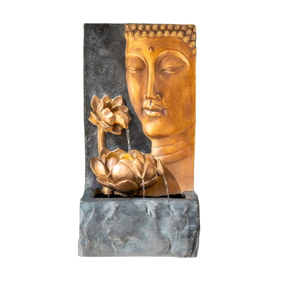 XBrand 30" H Zen Buddha Face Water Fountain w/ LED light & Pump, Indoor/Outdoor Freestanding, Relaxing Zen Dcor, Bronze and Natural Grey Polyresin Fountain for Home Patio Garden Backyard