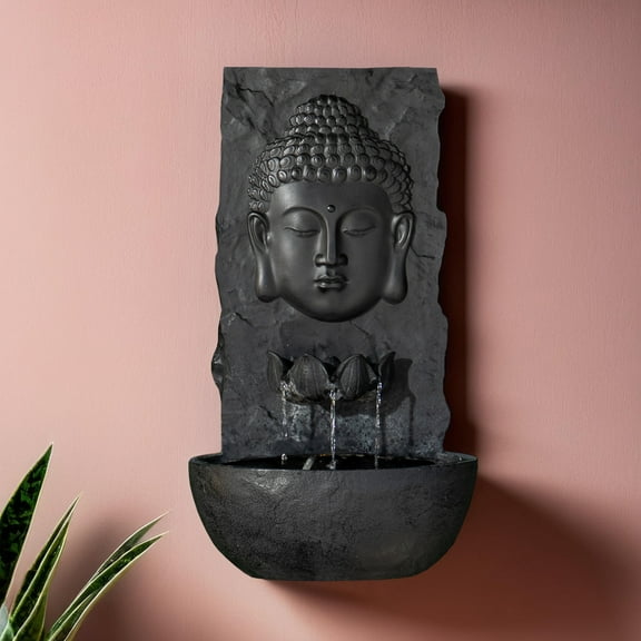 XBrand 30 in H Fiber Resin Wall Buddha Zen Outdoor Garden Water Fountain w/ warm LED Light, Black