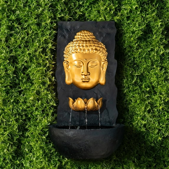 XBrand 30 in H Fiber Resin Wall Buddha Zen Outdoor Garden Water Fountain w/ warm LED Light, Gold