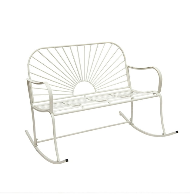 XBrand 44.5"L Iron Sun-Patterned Seat for Two Indoor/Outdoor Rocking Bench, Durable Patio Rocking Bench, White