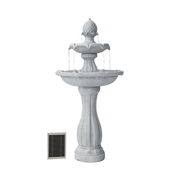 XBrand 44" H White Fiberglass/Resin 2-Tier Solar Water Fountain w/ Solar Panel and Auto-Shut Off Pump, Solar Garden Fountain, Tall Outdoor Fountain, Two Tiered Birdbath Fountain