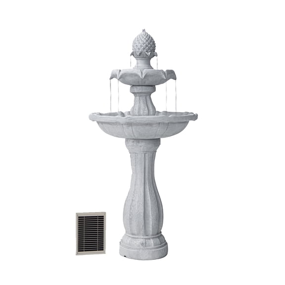 XBrand 44" H White Fiberglass/Resin 2-Tier Solar Water Fountain w/ Solar Panel and Auto-Shut Off Pump, Solar Garden Fountain, Tall Outdoor Fountain, Two Tiered Birdbath Fountain