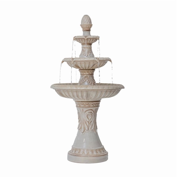 47 in H Freestanding Garden 3-Tiered Outdoor Waterfall Fountain w/Leaf Details, Ceramic, Beige