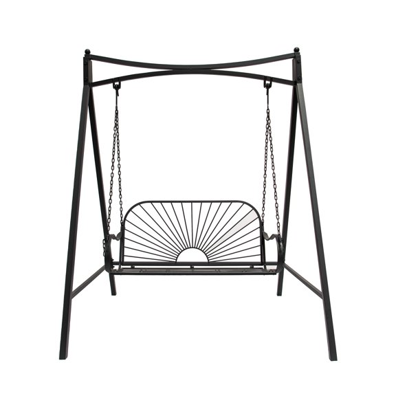 XBrand 60" Iron Sun-Patterned Hanging Seat for Two Indoor/Outdoor Swing Bench, Durable Patio Swing, Black