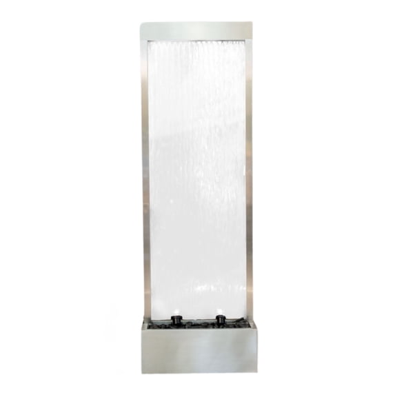 XBrand 68" H Freestanding Modern Indoor/Outdoor Waterfall Fountain w/ Decorative Rocks, LED Lights & Auto-Shut Off Pump, Stainless Steel Silver Frame/Mirror Glass, Silver