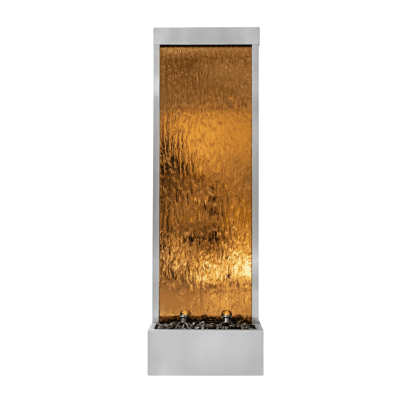 XBrand 68" H Freestanding Modern Indoor/Outdoor Waterfall Fountain w/ Decorative Rocks, LED Lights & Auto-Shut Off Pump, Stainless Steel Silver Frame/ Bronze Glass