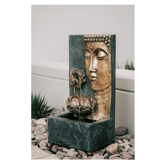 XBrand 30" H Zen Buddha Face Water Fountain w/ LED light & Pump, Indoor/Outdoor Freestanding, Relaxing Zen Dcor, Bronze and Natural Grey Polyresin Fountain for Home Patio Garden Backyard