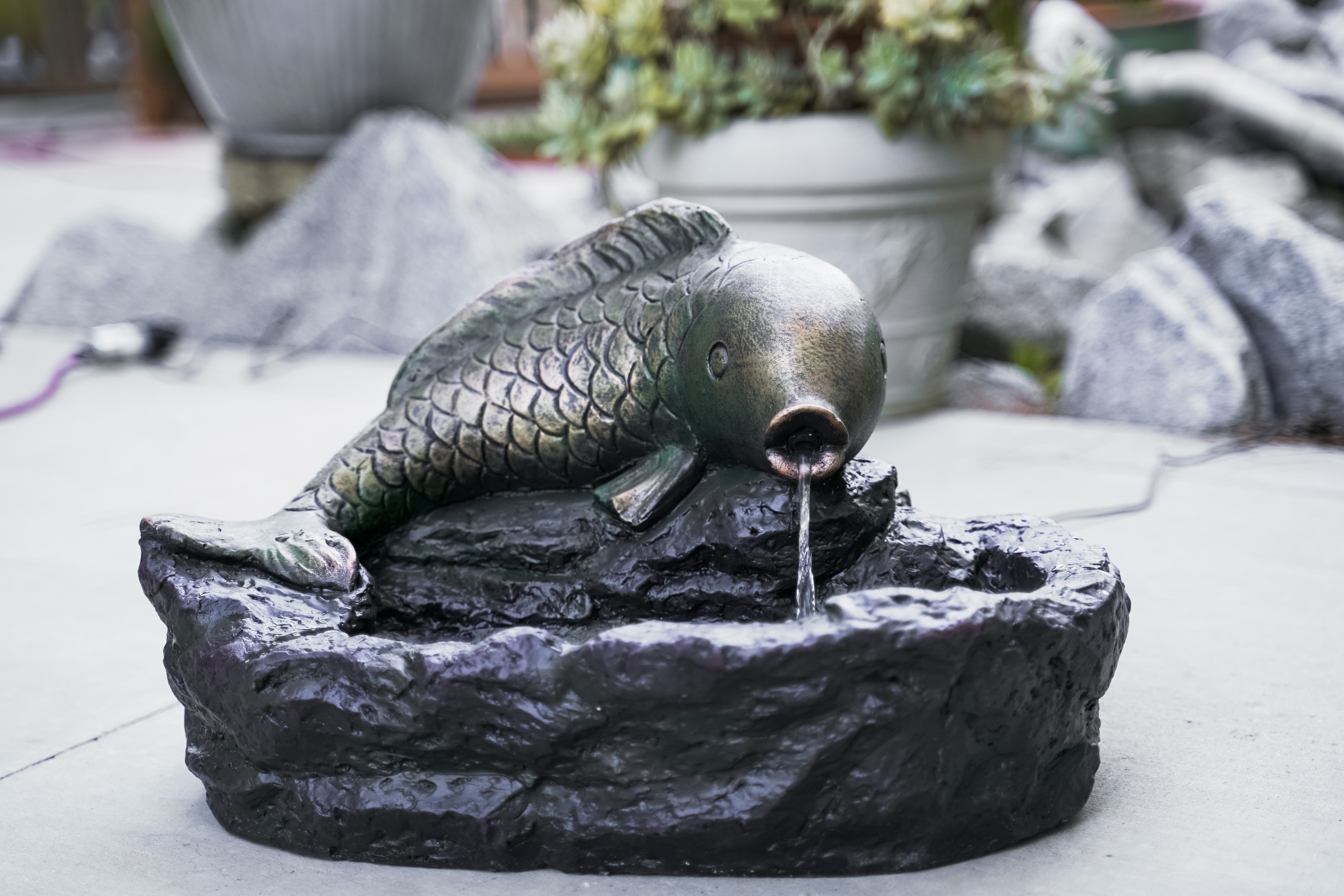 Bronze and Grey Fish Spitter Water Fountain, 12 Inch