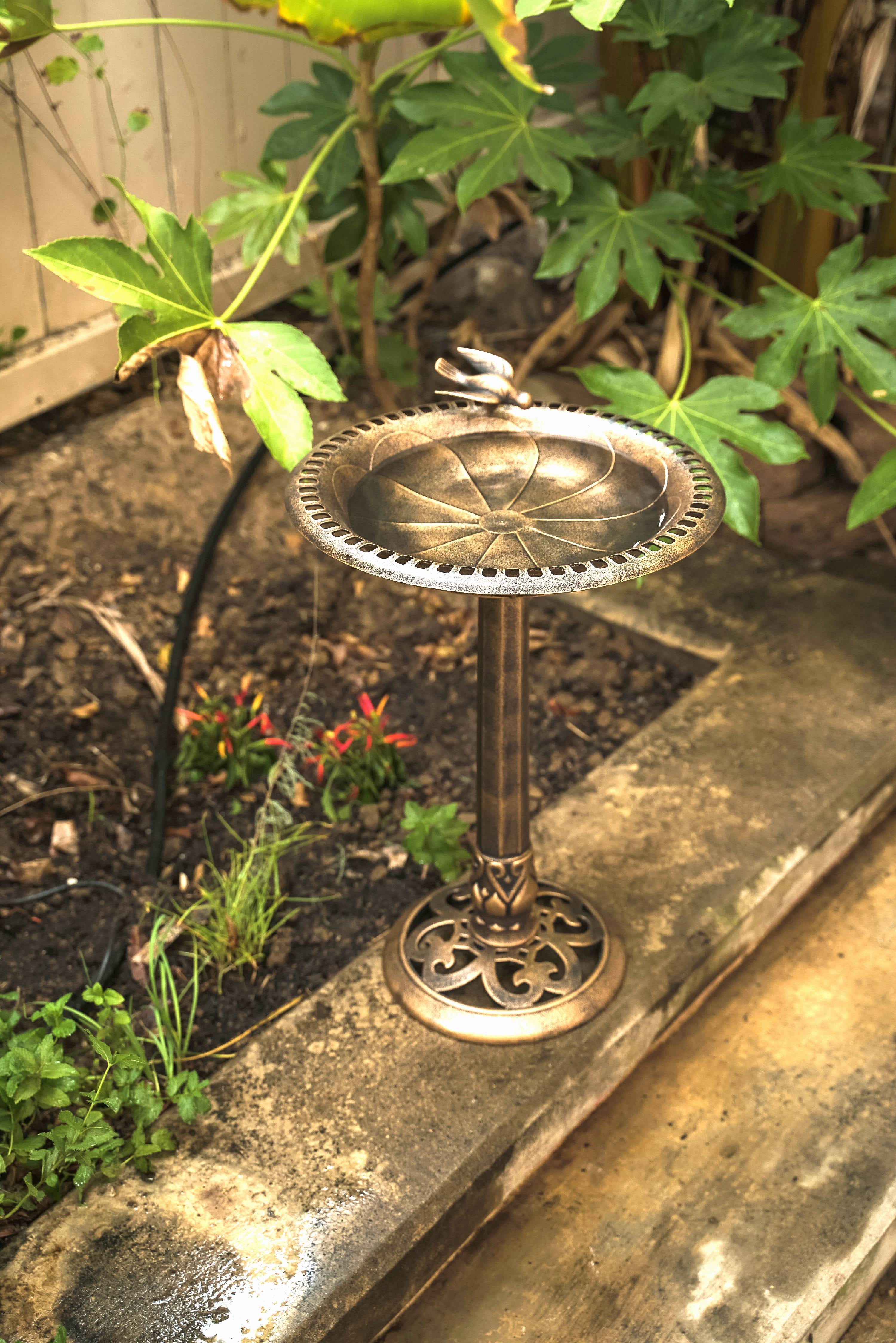 XBrand Lightweight Plastic Birdbath and Feeder w/Bird Design, Outdoor Garden, Yard, Lawn, Porch Decor, 24 Inch Tall, Bronze