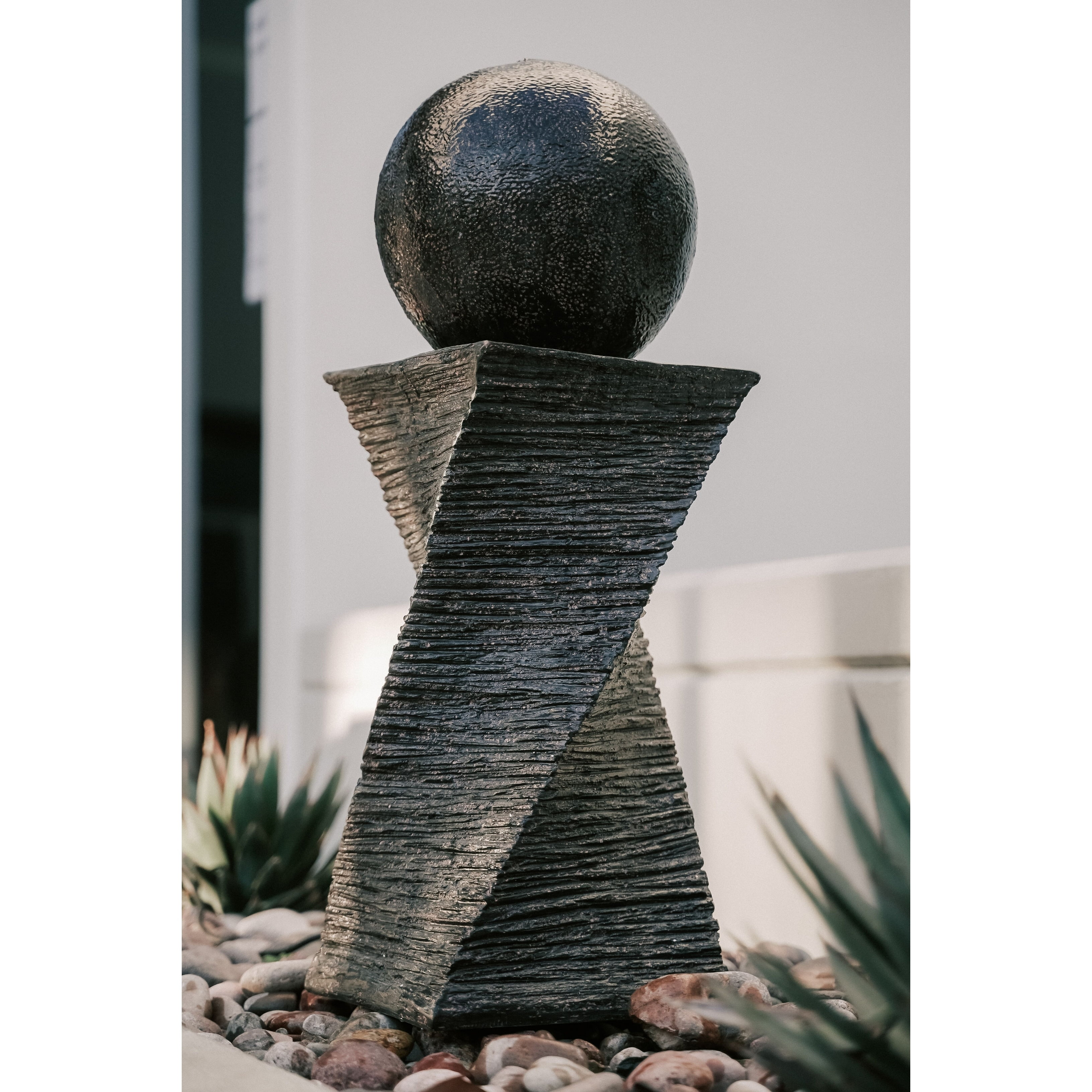 Modern Black Polyresin Zen Ball Water Fountain, 30 Inch