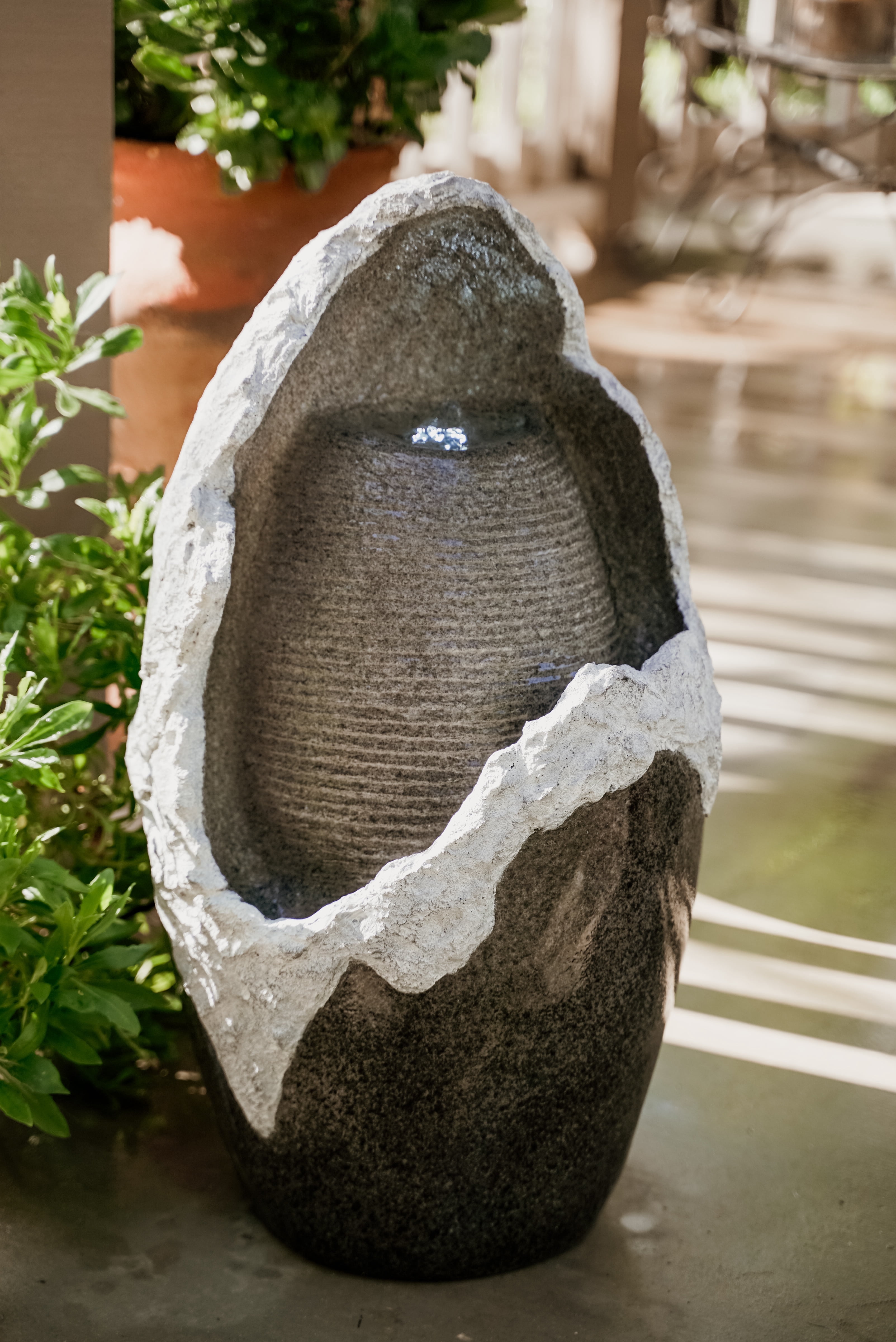 XBrand Round Broken Waterfall Fountain, Indoor Outdoor Décor, 27 Inch Tall, Grey