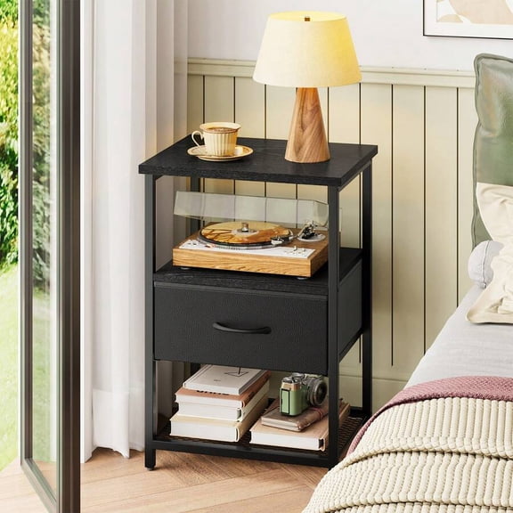 XC 1-Drawer Storage Nightstand, PU Surface Bedside Table, Compact End Table With Fabric Drawer