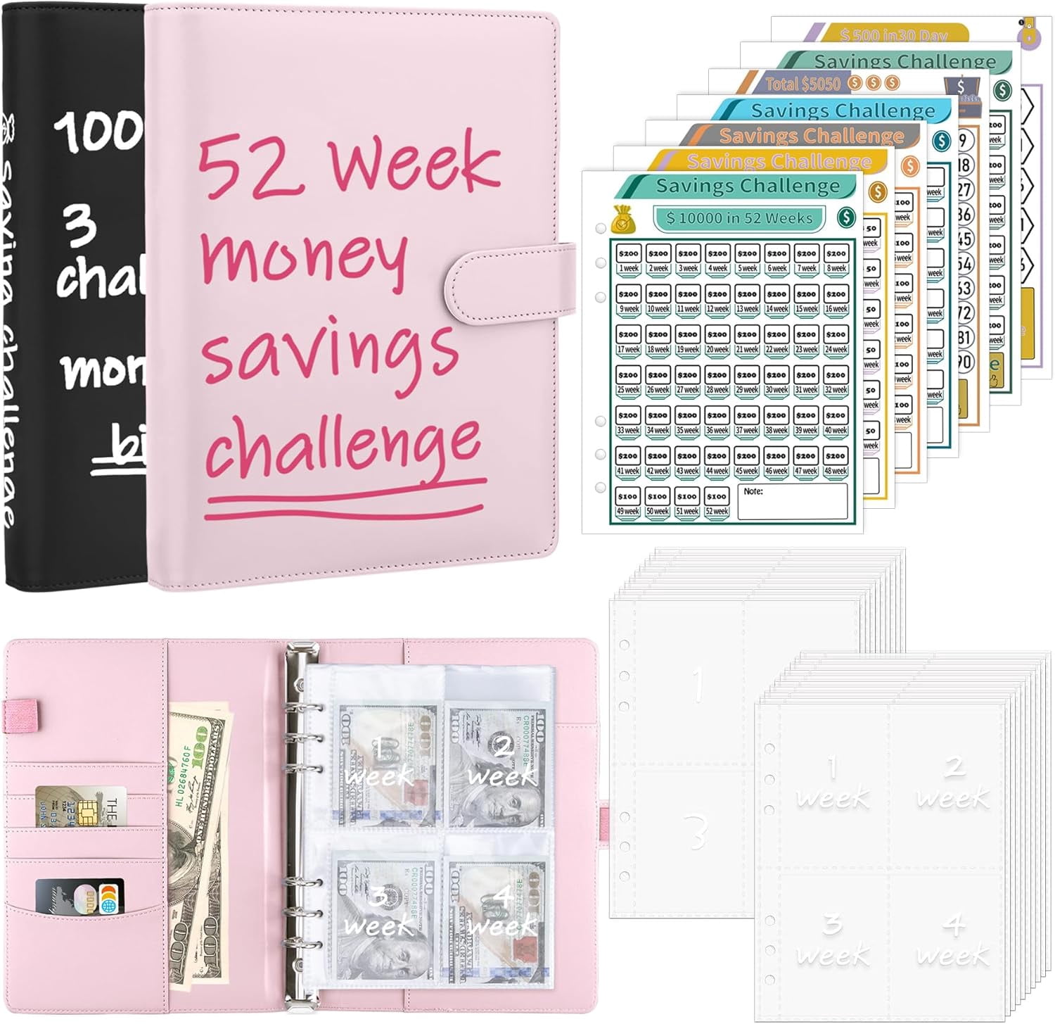 XC 100 Envelopes Money Saving Binder & 52 Week Savings Challenge Book, 2 Sets A5 Budget Money Saving Binder with Pre-Printed Cash Envelopes and Challenge Trackers