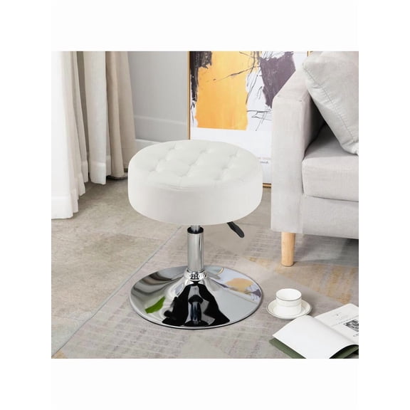 XC  16" Wide Vanity Stool For Makeup Room Mid-Century Button-Tufted Faux Leather Round Ottoman For Bedroom Luxurious Swivel Adjustable Foot Stool For Living Room Small Vanity Chair Room Decor