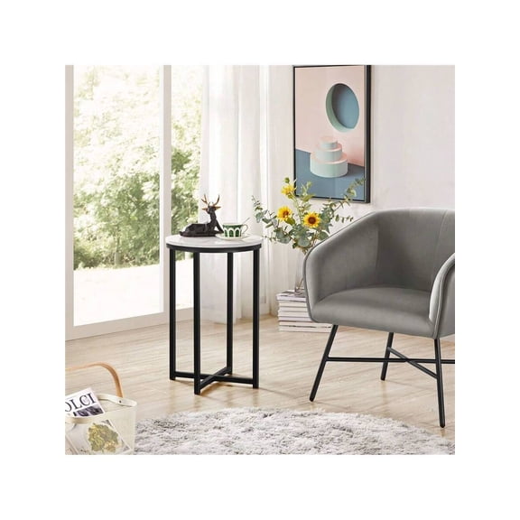XC  1pc Faux Marble Side Table With X-Based, Round Accent Table With Protective Foot Pads, End Table For Living Room, Loft, Office, Antique Gold/Black