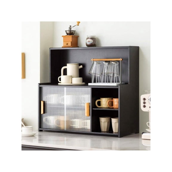 XC 2-Tier Kitchen Pantry Sideboard,Tabletop Kitchen Storage Cabinet With Sliding Doors,Countertop Storage Cabinet For Kitchen Dining Room,Black