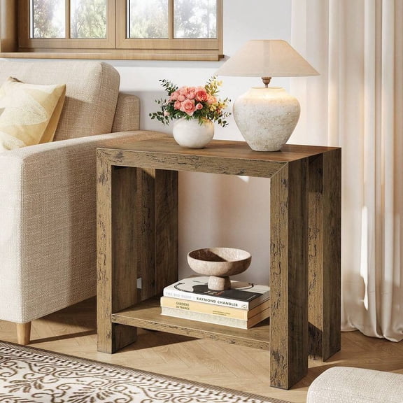 XC 2-Tier Narrow Side Table Farmhouse Wooden Sofa End Table With Bottom Shelf, Skinny Accent Nightstand For Small Spaces, Living Room, Bedroom, Easy Assembly