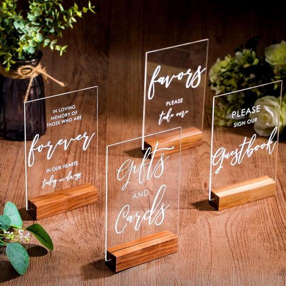 XC 4 Pcs Acrylic Wedding Signs with Stand 5 x 7 Inch Clear Cards and Gifts Our Guestbook Rustic Calligraphy Sign for Wedding Ceremony Reception(Leaves)