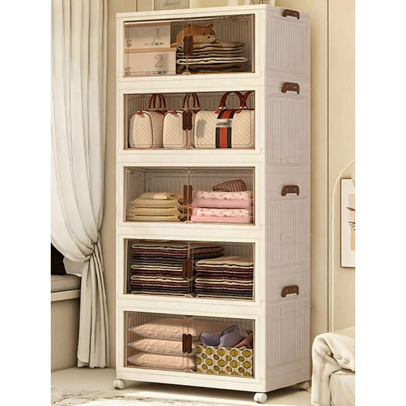 XC  4layers Plastic Storage Bins, Foldable Storage Bins With LIDS And Wheels, Foldable Storage Boxes With Doors, Closet Storage And Storage Drawers, Foldable Stackable Lockers Outdoor Decor