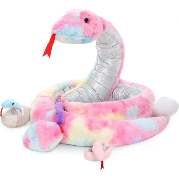 XC 7Pcs Rainbow Snake Toys Stuffed Animals Bulk, Giant Plush Snake Mommy With 3 Babies & 3 Eggs Inside, Long Snake Plush Boa Constrictor For Kids Gifts Halloween Prank Props