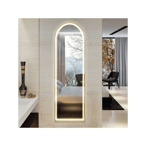 XC Arched Full Length Mirror With LED Lights, 60"X16" Floor Standing With Dimming & 3 Color Lighting, Tall Body Modern Home Decor With Stand Hanging Leaning For Bedroom Dressing Room Cloakroom