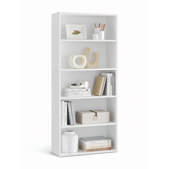 XC  Bookshelf, 5-Tier Open Bookcase With Adjustable Storage Shelves, Floor Standing Unit, 9.4"D X 23.6"W X 52.7"H, Rustic Brown, White