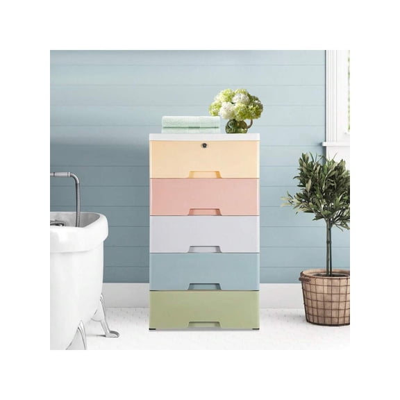 XC Chest Of 5 Drawers Drawer Tower Dresser Clothes Storage Racks Bedroom Plastic (Macaron Color With 5 Layers Of Lock)