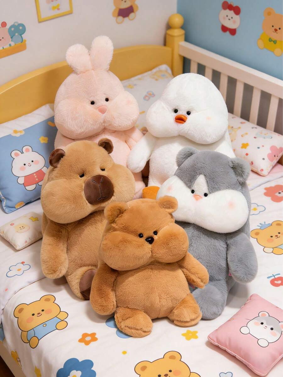XC  Cute Little Animal Plush Doll Big Face Small Animal Rabbit, Duck, Lazy Bear, Husky Or Capybara Stuffed Animal, Soft Touch, Suitable For Home Decoration Pillow