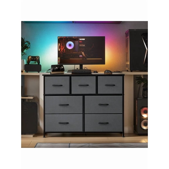 XC  Dresser For Bedroom With 7 Fabric Drawers, Chest Organizer Units For Clothing, Closet, Guestroom, Storage Tower With Cabinet, Metal Frame, Wooden Top, Lightweight Nursery Furniture,Black
