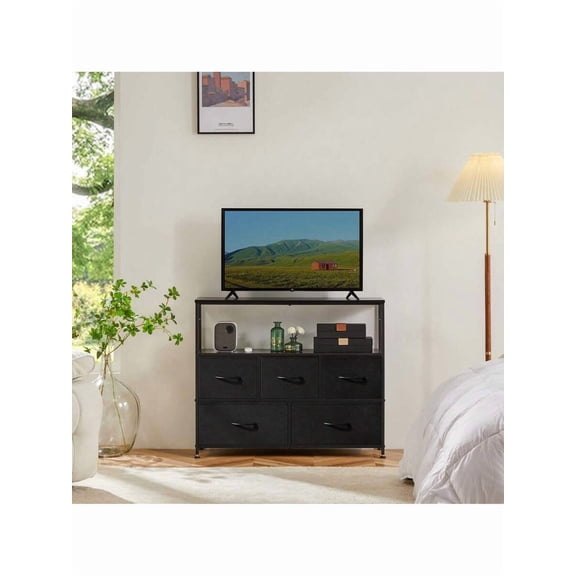 XC  Dresser For Bedroom Chest Tower With Easy Pull Fabric Bins, Stand Organizer Storage For Living Room Closet Hallway, Wooden Top Sturdy Steel Frame