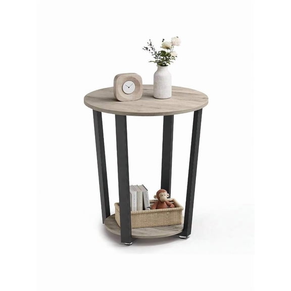 XC  End Table, Round Side Table With Storage Shelf, Easy Assembly, Industrial Accent Furniture With Steel Frame, Heather Greige And Black