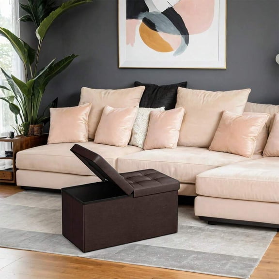 XC  Folding Storage Ottoman, Storage Bench, Footrest Stool, 15 X 30 X 15 Inches, For Entryway, Living Room, Bedroom, Brown Back To School Dormitory Storage