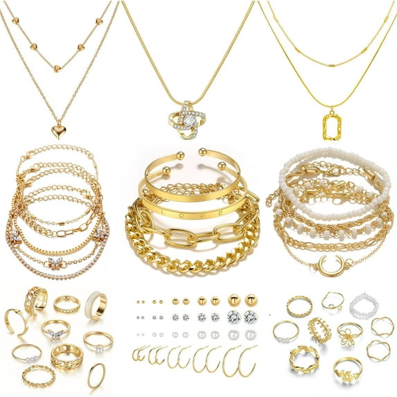 XC Gold Plated Jewelry Set for Women,14k Gold Plated Multi Layer Necklaces Stackable Bangle Bracelets Stackable Knuckle Rings Hoop Earrings Set Anniversary Trendy Elegance Charms Anniversary