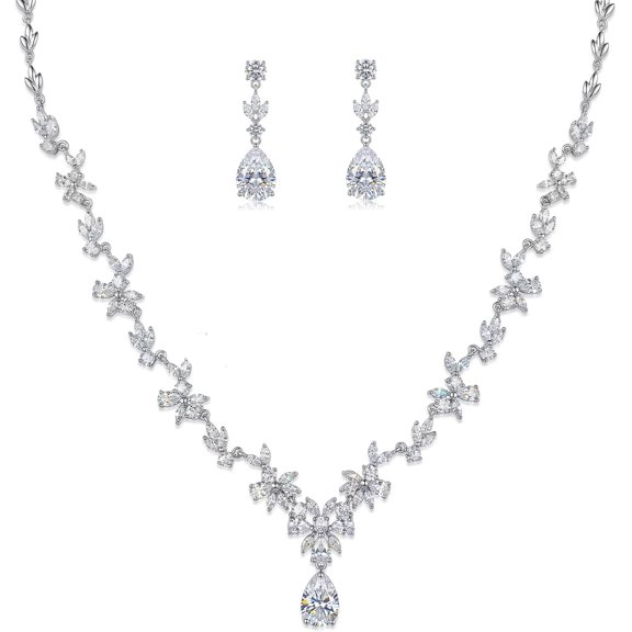 XC  Jewelry Set for Women, Necklace Dangle Earrings Bracelet Set with White AAA Cubic Zirconia, Allergy Free Wedding Party Jewelry for Bridal Bridesmaid