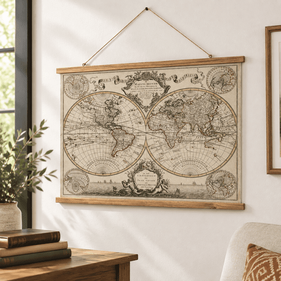 XC-MAP-07 39"L x 29"W 17th Century World Map Linen Wall Print with Wooden Hanger
