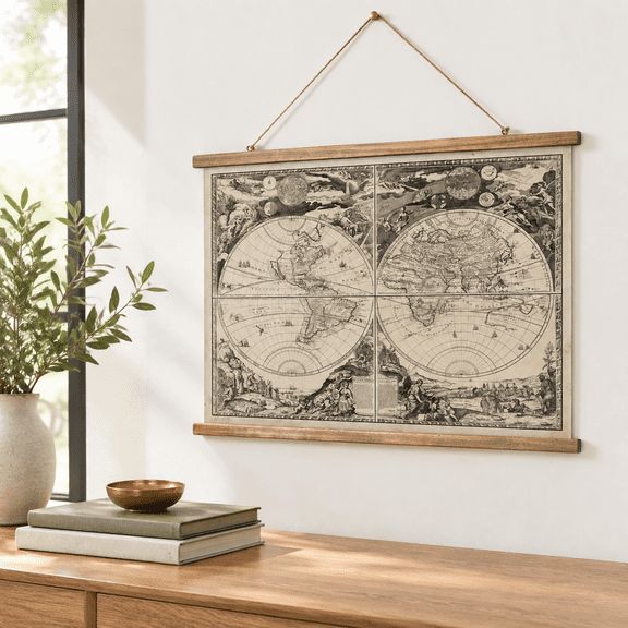 XC-MAP-08 39"L x 29"W Vintage Nautical Old World Map Linen Wall Tapestry with Wood Frame