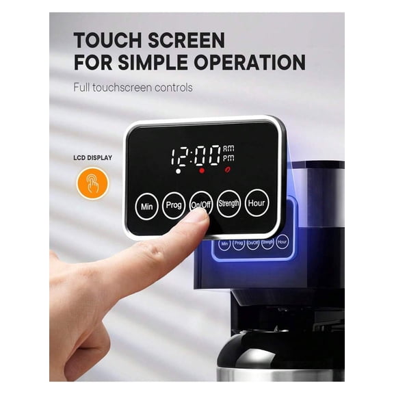 XC Programmable Coffee Maker With 8-Cup Thermal Carafe, Touch-Screen Drip Coffee Machine With Timer, Regular & Strong Brew, Pause & Serve, Auto Shut Off, Black & 304 Stainless Steel.