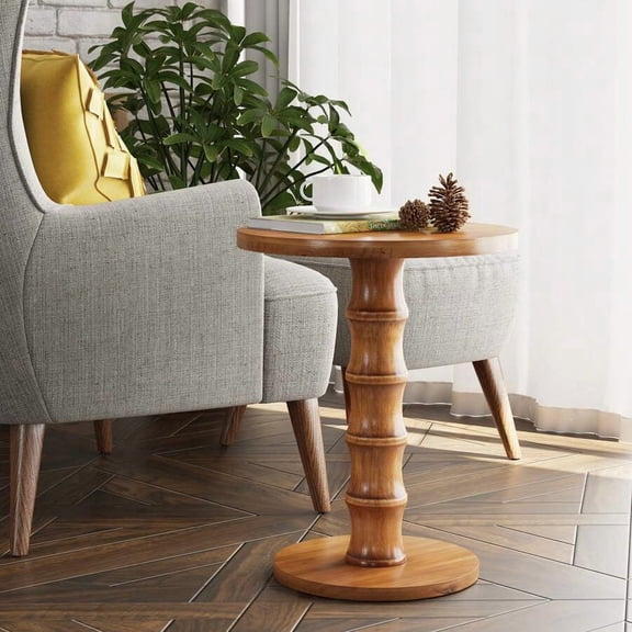 XC  Round Cedar Pedestal Table With Turned Base, Natural Wood Accent Table For Entryway Or Living Room, Warm-Toned Small Space Side Table