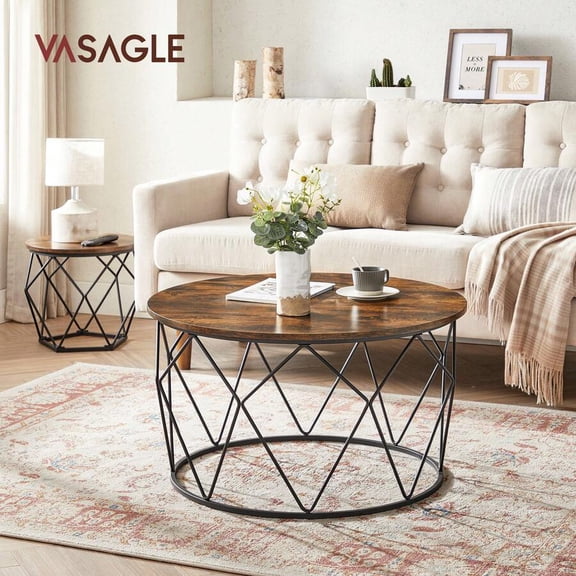XC Round Coffee Table For Living Room, Cage Cocktail Table With Steel Frame, 31.5 Inches Dia., Industrial Style