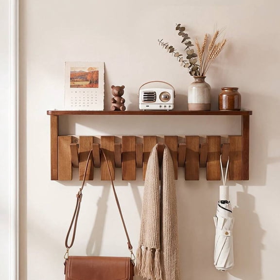XC  Solid Wood Wall Mounted Coat Rack With Floating Shelf, 6/8 Magnetic Hooks For Towels/Robes/Clothes  Brown