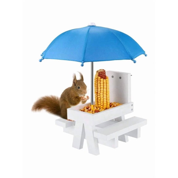 XC Squirrel Feeder Picnic Table With Umbrella, Wooden Squirrel Feeders For Outside, Chipmunk Feeder With Corn Cob Holder, Solid Structure, Wood