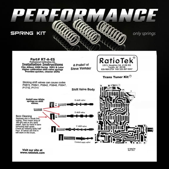 XCALLIBER RATIOTEK PERFORMANCE SHIFT VALVE SPRING KIT FOR ALLISON 1000 TRANSMISSION-D,E,C