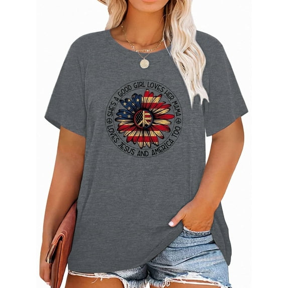 XCHQRTI 4th of July Daisy Women Plus Size Tshirts Graphic USA Casual Tees