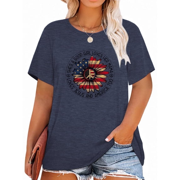 XCHQRTI 4th of July Daisy Women Plus Size Tshirts Graphic USA Casual Tees