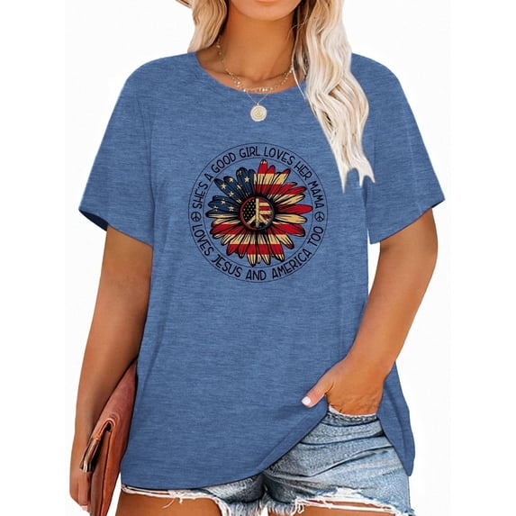 XCHQRTI 4th of July Daisy Women Plus Size Tshirts Graphic USA Casual Tees