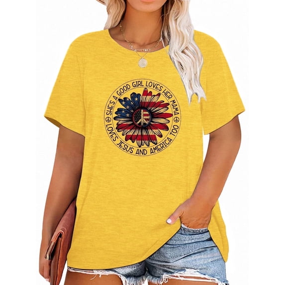 XCHQRTI 4th of July Daisy Women Plus Size Tshirts Graphic USA Casual Tees